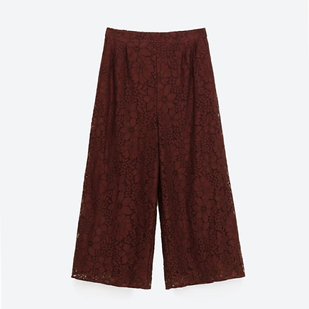 Zara Womens Lace floral Culottes Trousers Pants Wide Leg Burgundy XS S M